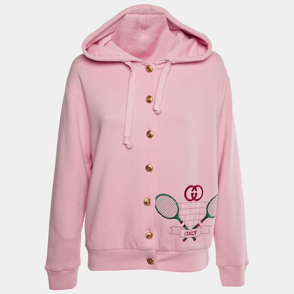 Gucci Pink Hooded Sweatshirt Cardigan with Tennis Motif size S